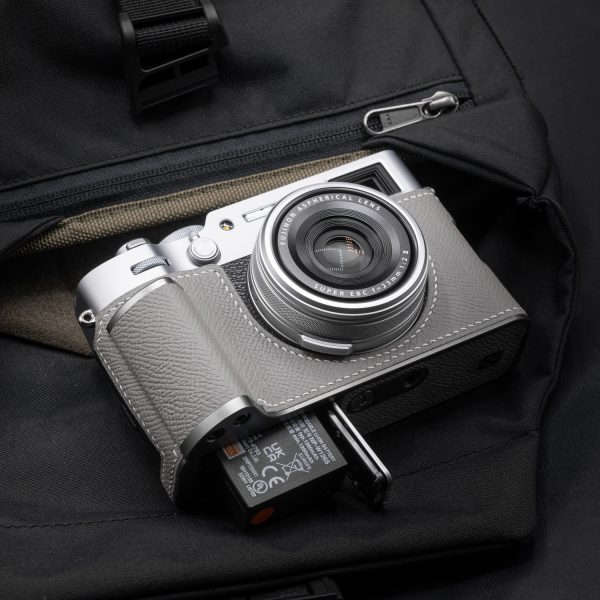 เคส Fuji X100VI แบบมีกริป สีเทา ฐานสีเงิน หนังคาเวียร์ Kontice Leather Case Gray