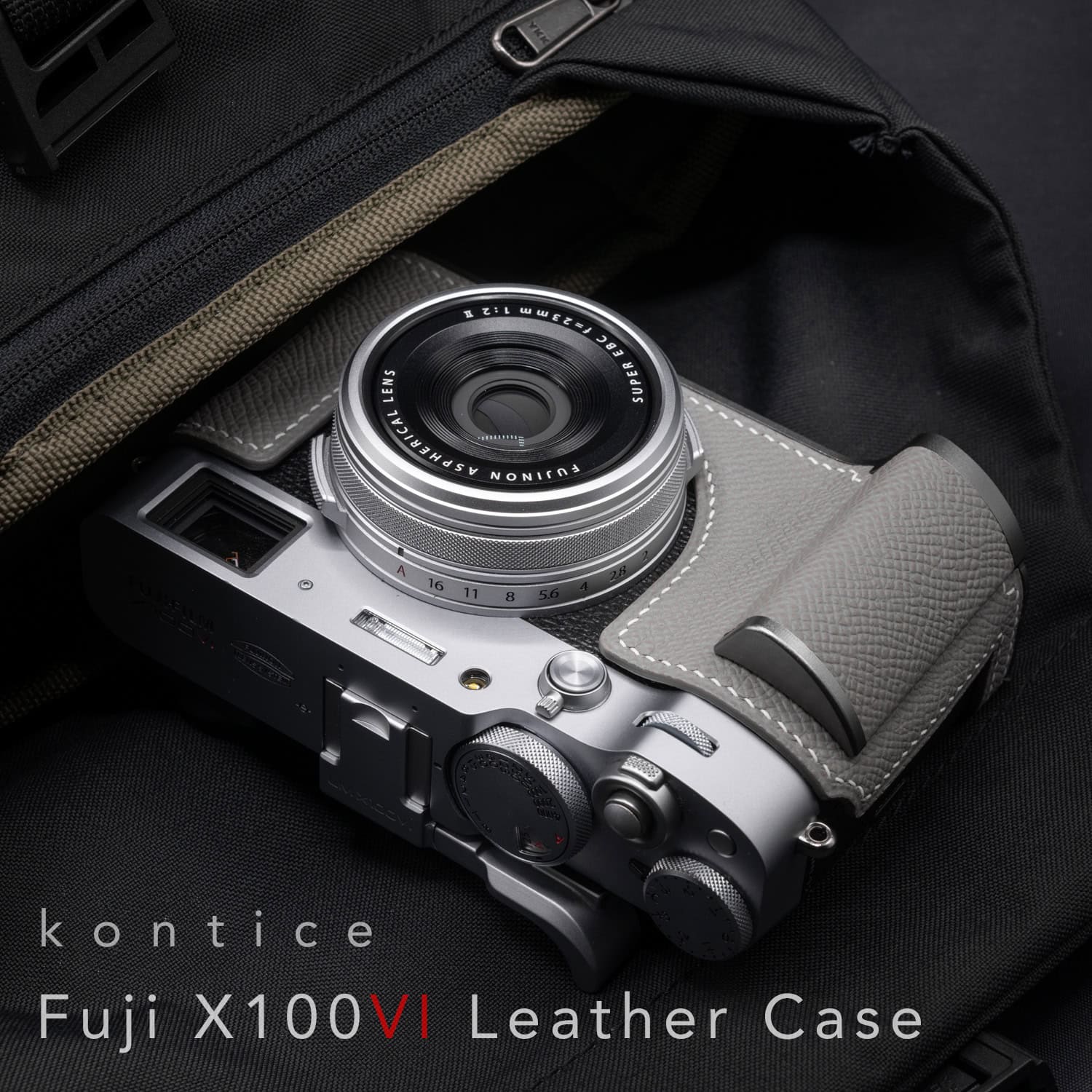 เคส Fuji X100VI แบบมีกริป สีเทา ฐานสีเงิน หนังคาเวียร์ Kontice Leather Case Gray